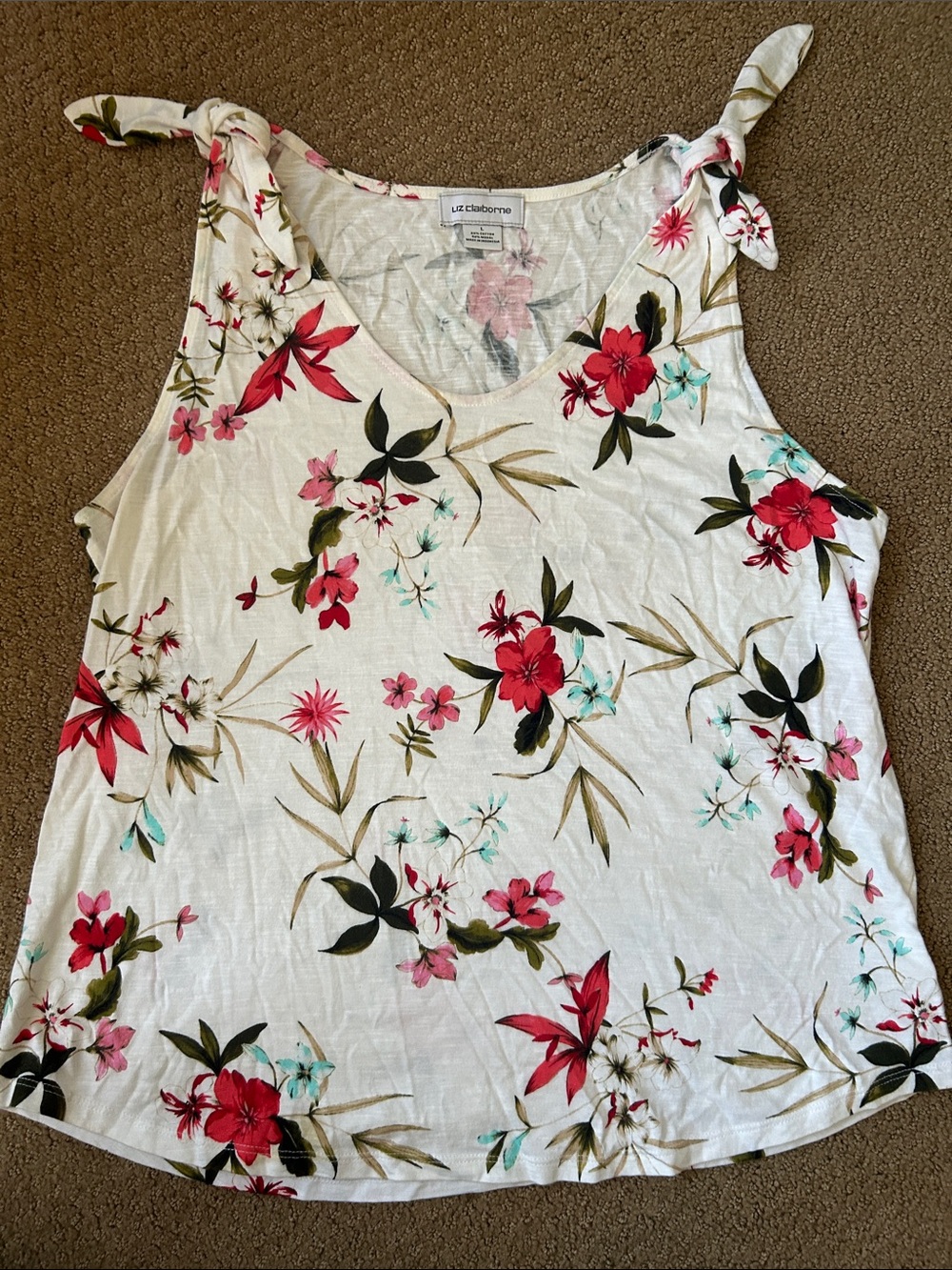 Liz Claiborne White Floral Tie-Shoulder Tank with Red & Aqua Blooms